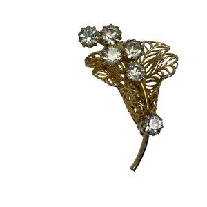 Floral Rhinestone Brooch Yellow Tone‎ Calla Lilly Flower Vintage Pin